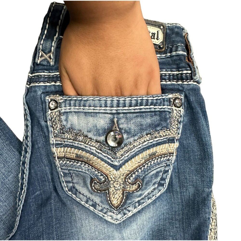 Rock Revival Lanlan Bootcut 27 Jeans Swarovski Leather Insert Faux Flap Pocket - Picture 5 of 16